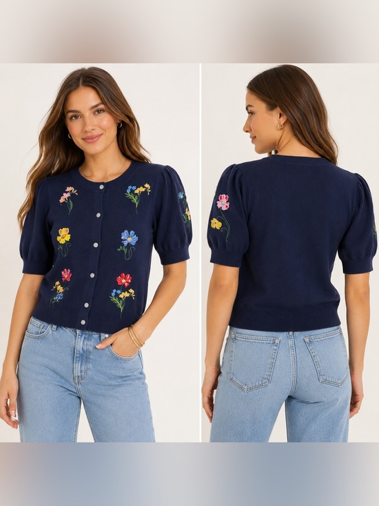 Free Assembly Sweaters - Free Assembly Embroidered Floral Puff Sleeve Cardigan Sweater Navy XS NWT